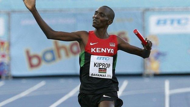 Kenya's Asbel Kiprop celebrates the win in the 4x1500m