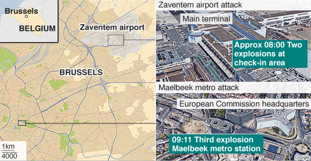 Map of Brussels showing metro station and airport