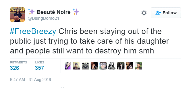 Tweet: Chris has been staying out of the public just trying to take care of his daughter and people still want to destroy him