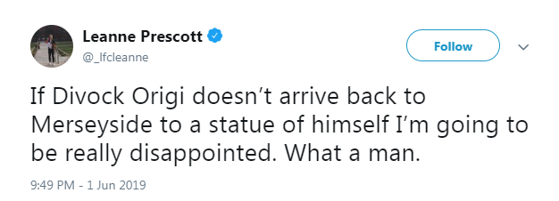 A tweet about building an Origi statue