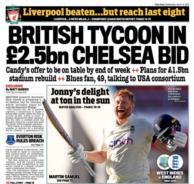 Wednesday's Mail back page: British tycoon in £2.5bn Chelsea bid