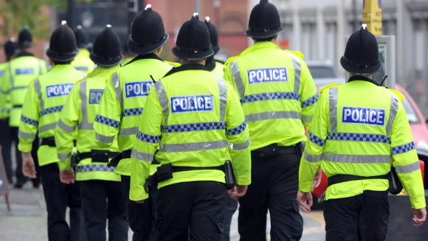 Police officers with their backs to the camera