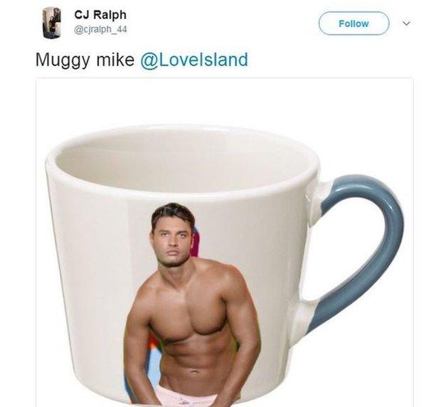 A tweet which reads "muggy mike" accompanied with a photo of contestant Mike on a mug