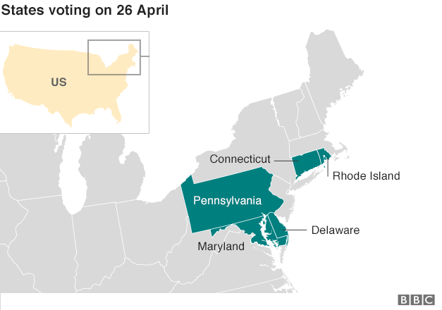 Map: States voting on 26 April: Connecticut, Delaware, Maryland, Pennsylvania, Rhode Island