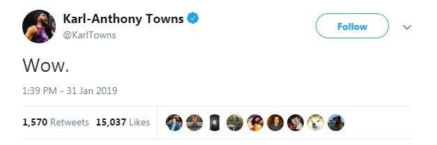 Karl-Anthony Towns of the Minnesota Timberwolves was also one of those shocked by the move