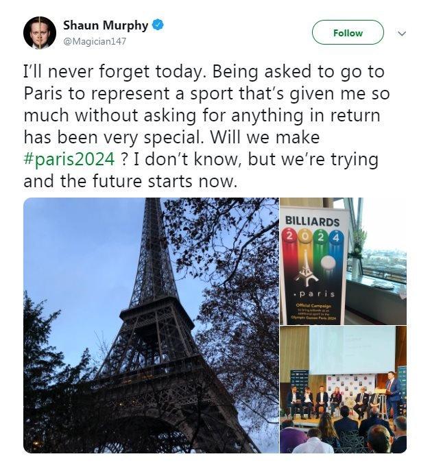 A screengrab of Shaun Murphy's tweet about being at the launch of billiard sports' bid for Olympic recognition in Paris on Friday