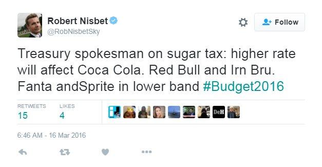 Tweet reads: Treasury spokesman on sugar tax: higher rate will affect Coca Cola. Red Bull and Irn Bru. Fanta and Sprite in lower band #Budget2016"