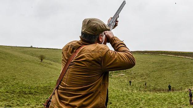 A man wearing a brown jacket and flat cap aims a gun into the air where there are pheasants flying.  