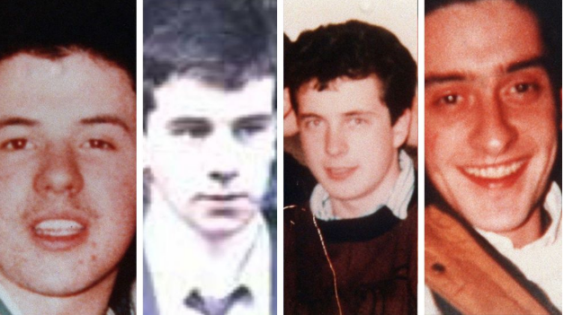 A four photo montage of the four IRA men who were killed. They each have dark brown hair. Left to right: brown eyes and open mouth smile, brown eyes and closed mouth with tie on in black and white, half smile with maroon jumper on over blue shirt, wide smile with brown eyes, a white shirt and orange coat. 