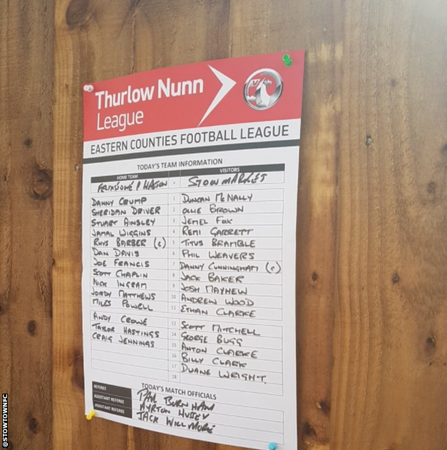 Titus Bramble's name on the Stowmarket Town teamsheet