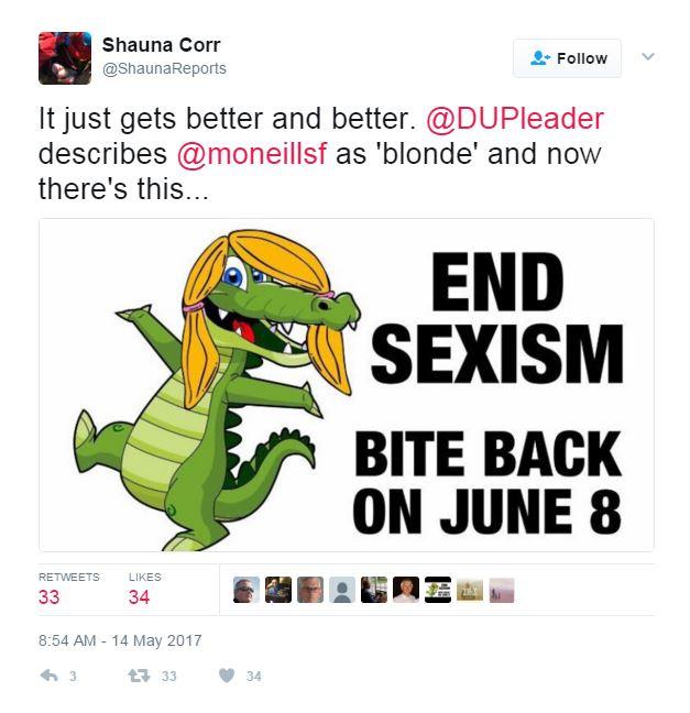 'it just gets better and better. @DUPleader describes @monellsf as 'blonde' and now there's this...[image of crocodile with blonde wig captioned END SEXISM bite back on June 8'