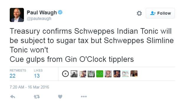 Tweet reads: "Treasury confirms Schweppes Indian Tonic will be subject to sugar tax but Schweppes Slimline Tonic won't.