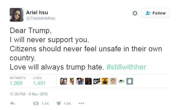 Tweet reads: "Dear Trump, I will never support you. Citizens should never feel unsafe in their own country. Love will always trump hate. #stillwithher"