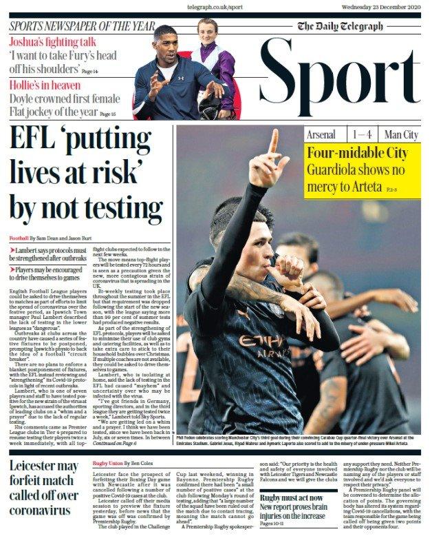The front page of the Daily Telegraph sport section