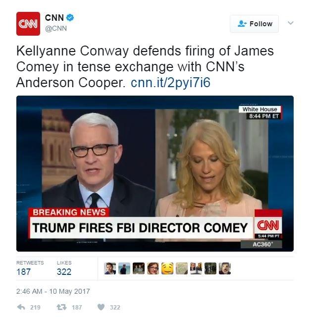 A tweet from CNN promoting Anderson Cooper's interview with Kellyanne Cooper