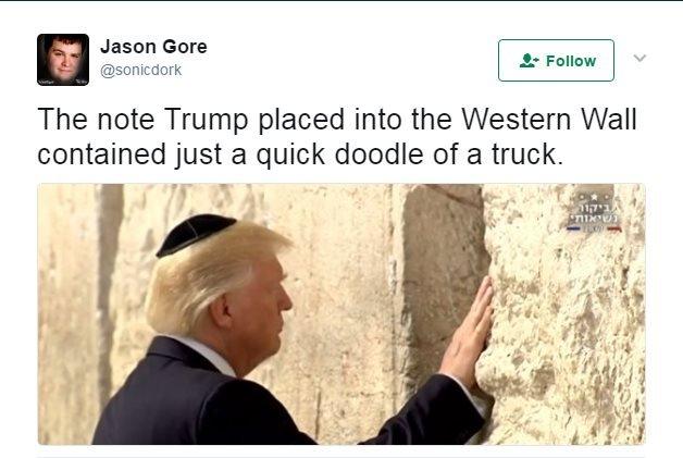 A tweet saying "The note Trump placed in the Western Wall contained just a quick doodle of a truck"