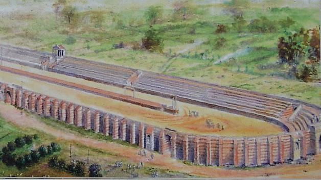 An artist's impression of a quarter-mile (400m) chariot track.