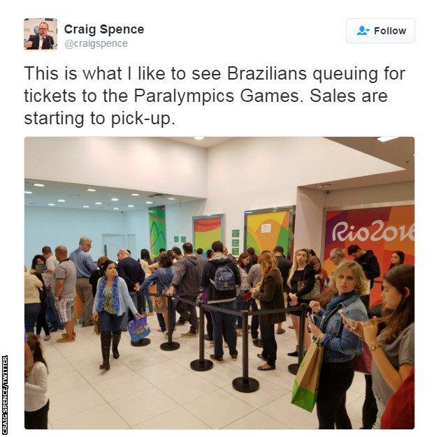 Tweet by Craig Spence, director of communications for the IPC, showing a queue for Paralympic tickets in Rio