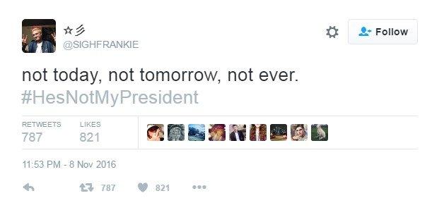 Tweet reads: "not today, not tomorrow, not ever. #HesNotMyPresident"