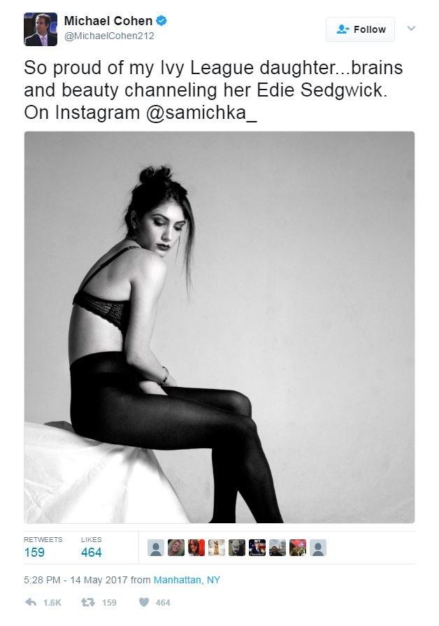 Michael Cohen tweeted a black and white picture of his daughter in a black bra and tights, with the words, "So proud of my Ivy League daughter...brains and beauty channeling her Edie Sedgwick" - and a link to her Instagram page.