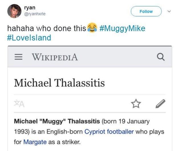 Tweet which reads: Haha who done this next to a wikipedia entry for Michael Thalassitis