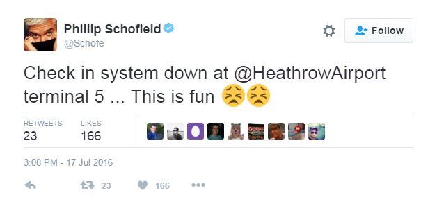 Phillip Schofield tweets that the check-in system at Heathrow is down