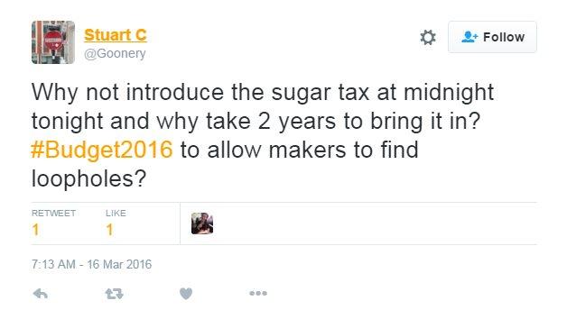 Tweet reads: "Why not introduce the sugar tax at midnight tonight and why take 2 years to bring it in? #Budget2016 to allow makers to find loopholes?"