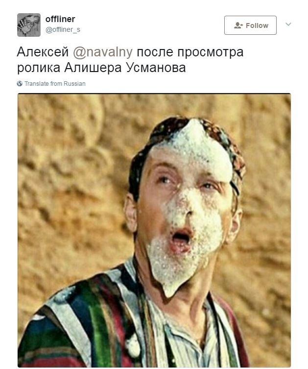 Tweet commenting on Alisher Usmanov's video address to Alexei Navalny