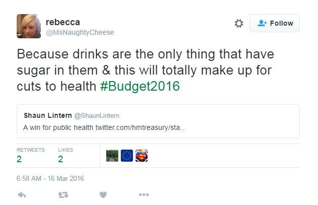 Tweet reads: "Because drinks are the only thing that have sugar in them & this will totally make up for cuts to health #Budget2016."