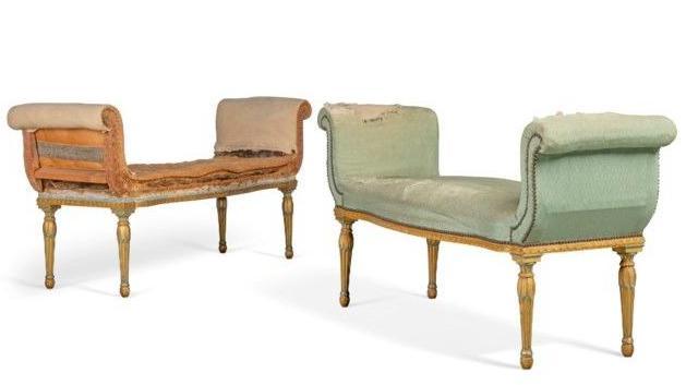 A picture of two green painted pieces of furniture, known as 'conversation stools, made by Thomas Chippendale. 