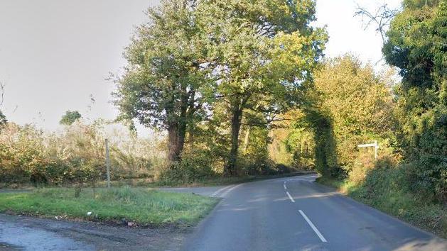 Weston Hall Road bends to the right, while there is a triangle junction off to the left and give way markings. The road is bordered by trees, hedging and grass.
