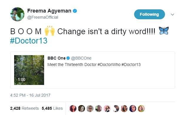 Freema Agyeman tweeted: "BOOM Change isn't a dirty word!!!!"