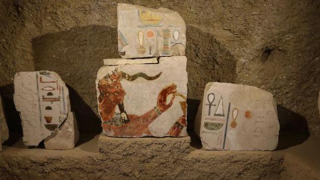 A picture shows a newly-unearthed stone blocks during a media event to announce new discoveries by an Egyptian archaeological mission at Queen Hatshepsut's Valley Temple in Deir El-Bahari on the Nile's west bank in Luxor - Wednesday 8 January 2025. 