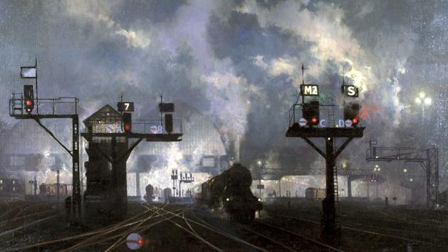 An image of David Shepherd CBE’s iconic painting Service by Night, which has been voted the third most popular railway artwork in the UK. A number of train lines can be seen going into a station blurred by smoke.