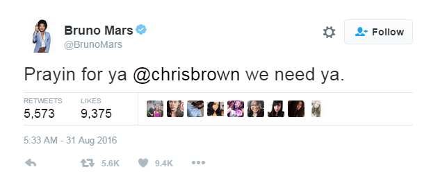 Tweet: Bruno Mars: Prayin for ya @chrisbrown we need ya.