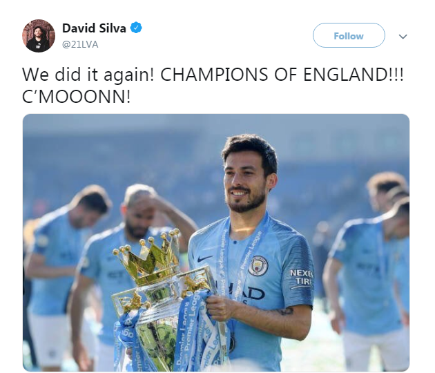 David Silva tweeted: We did it again! Champions of England! Come on!