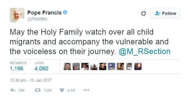 Tweet from @Pontifex: "May the Holy Family watch over all child migrants and accompany the vulnerable and the voiceless on their journey. @M_RSection"