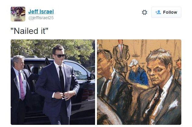 A tweet showing a photo of Tom Brady and a courtroom sketch of him