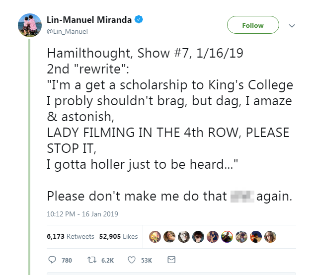 Lin Manuel Miranda raps fan for filming Hamilton BBC News