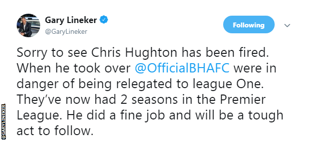 Gary Lineker tweeted: Sorry to see Chris Hughton has been fired. When he took over Brighton were in danger of being relegated to League One. They've now had two seasons in the Premier League. He did a fine job and will be a tough act to follow.