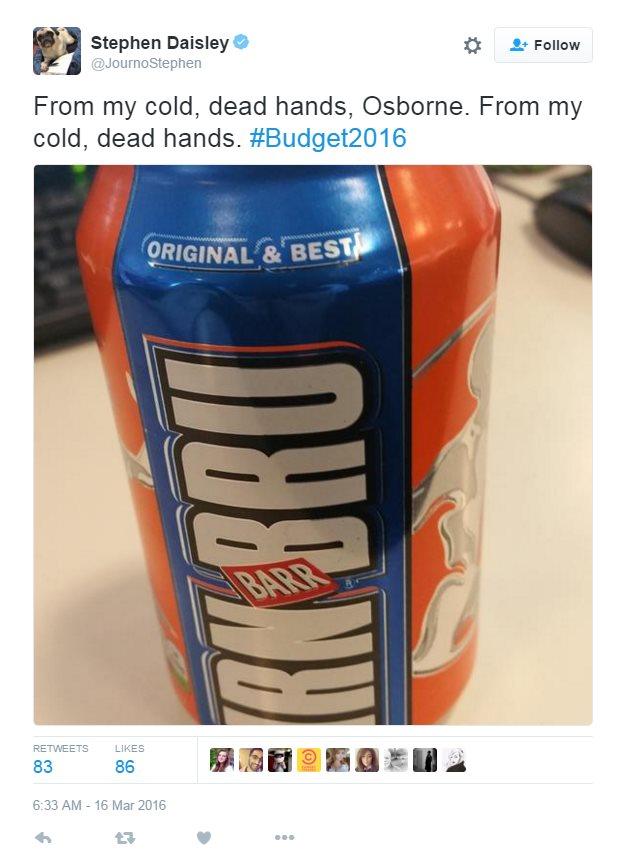 Tweet reads: "From my cold, dead hands, Osborne. From my cold, dead hands. #Budget2016"