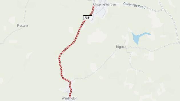 A map showing the road closure between Wardington and Chipping Warden on the A361.