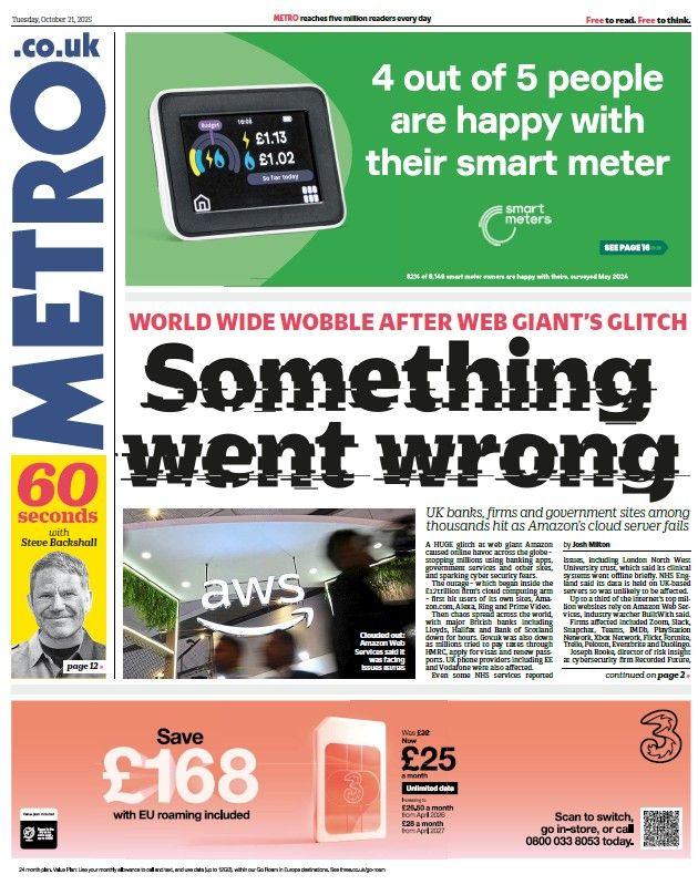 "Something went wrong" reads the headline on the front page of Metro.