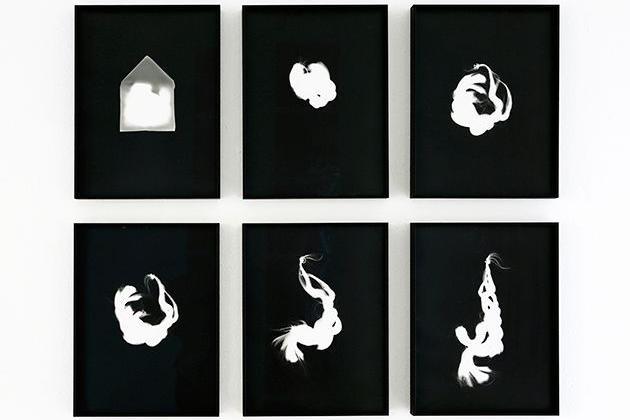 My name is Sara, 2018. Series of six black and white hand printed photograms made using the artist’s hair 