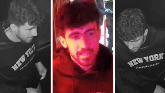 Three CCTV images of a man with dark hair and a beard wearing a black hooded top with New York on it