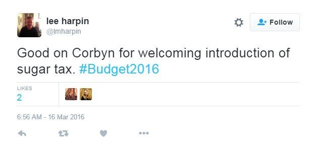 Tweet reads: "Good on Corbyn for welcoming introduction of sugar tax. #Budget2016"