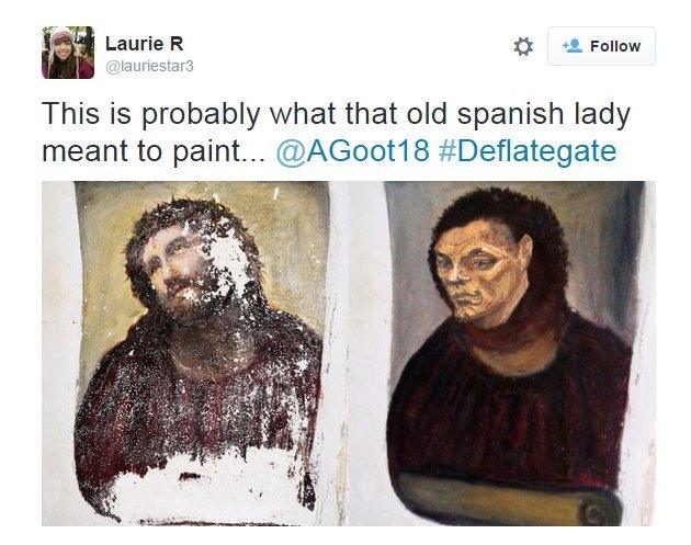 A tweet showing a sketch of Tom Brady pasted on a painting of Jesus