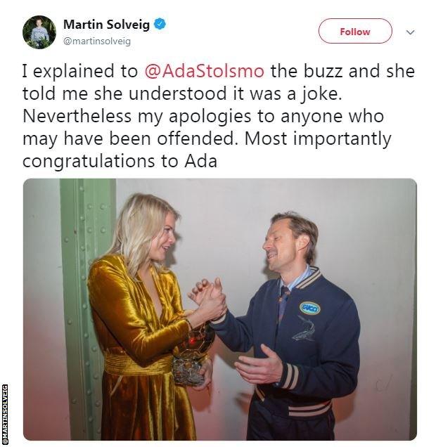 Martin Solveig's tweet apologising for any offence caused and congratulating Ada Hegerberg on her award