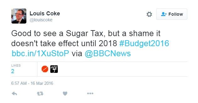 Tweet reads: "Good to see a Sugar Tax, but a shame it doesn't take effect until 2018 #Budget2016