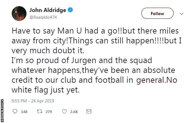 Former Liverpool forward John Aldridge on twitter